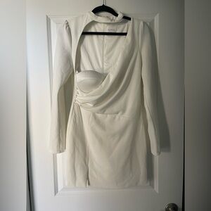 Alamour The Label Ivory Draped Long-Sleeve Mini Dress